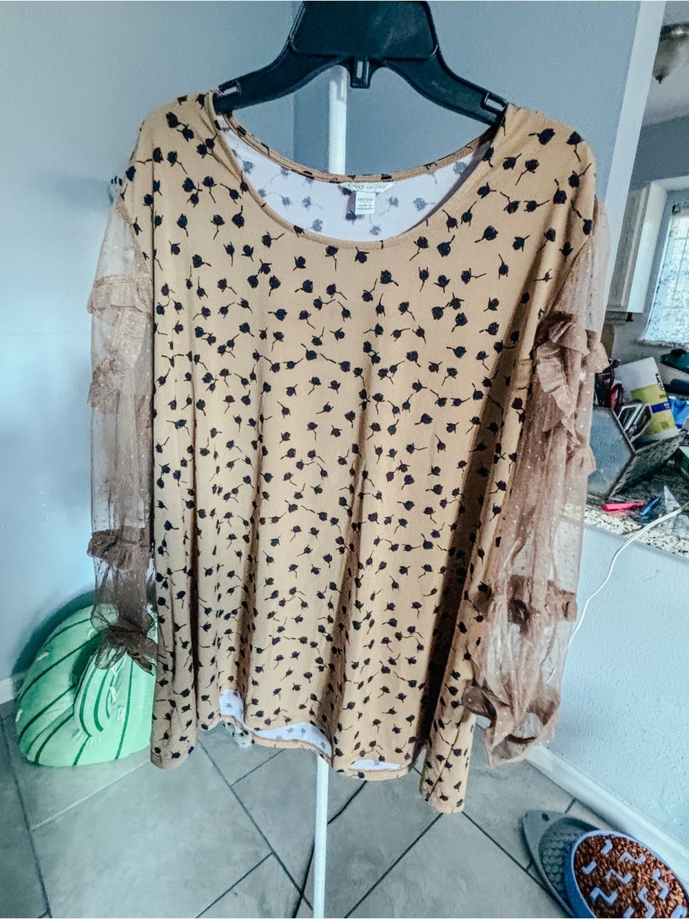 Cato Tan Floral Print Top with Sheer Ruffle Sleeves